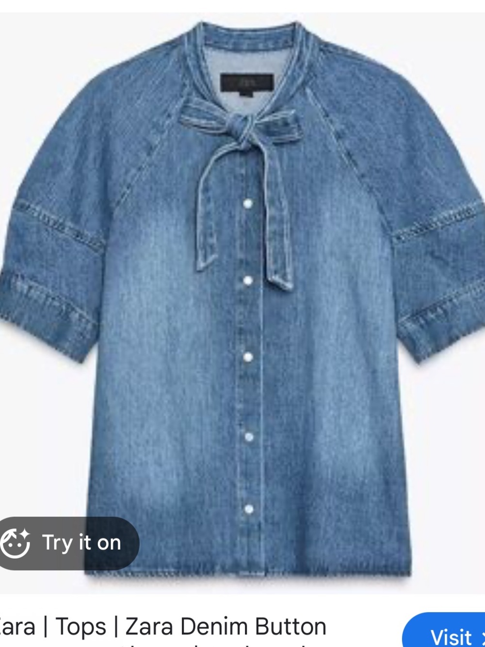 Zara denim blue bow tie button down blouse top L
